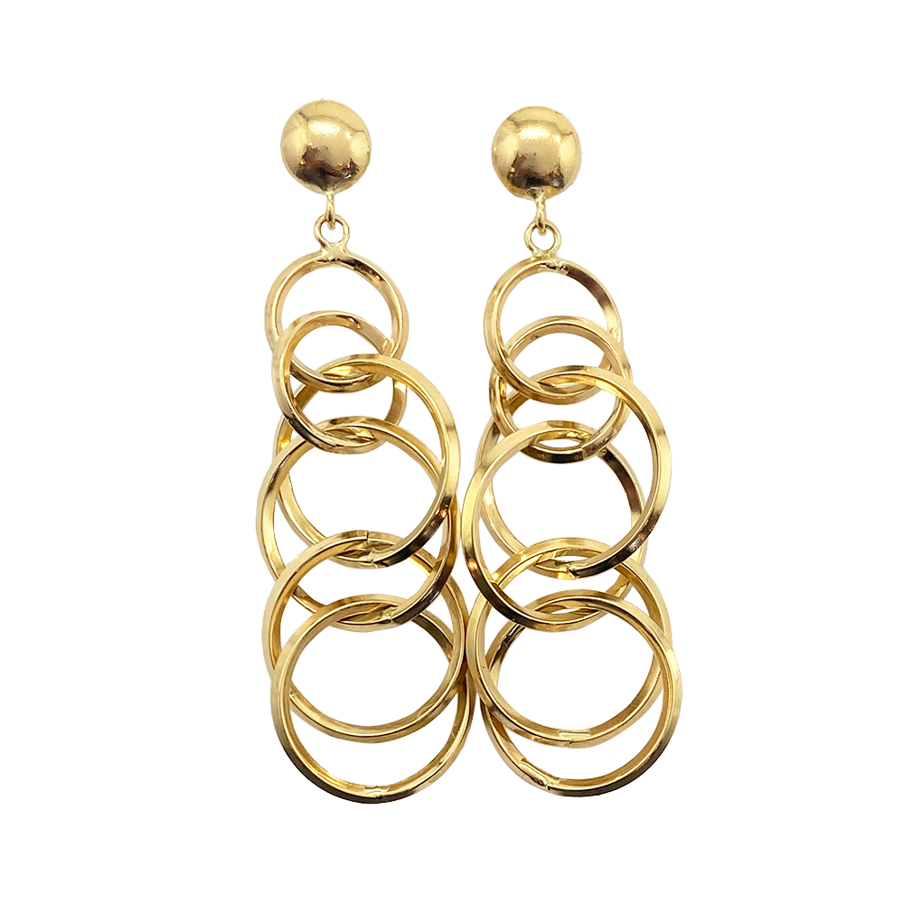 Pair of long, gold drop earrings featuring multiple circles