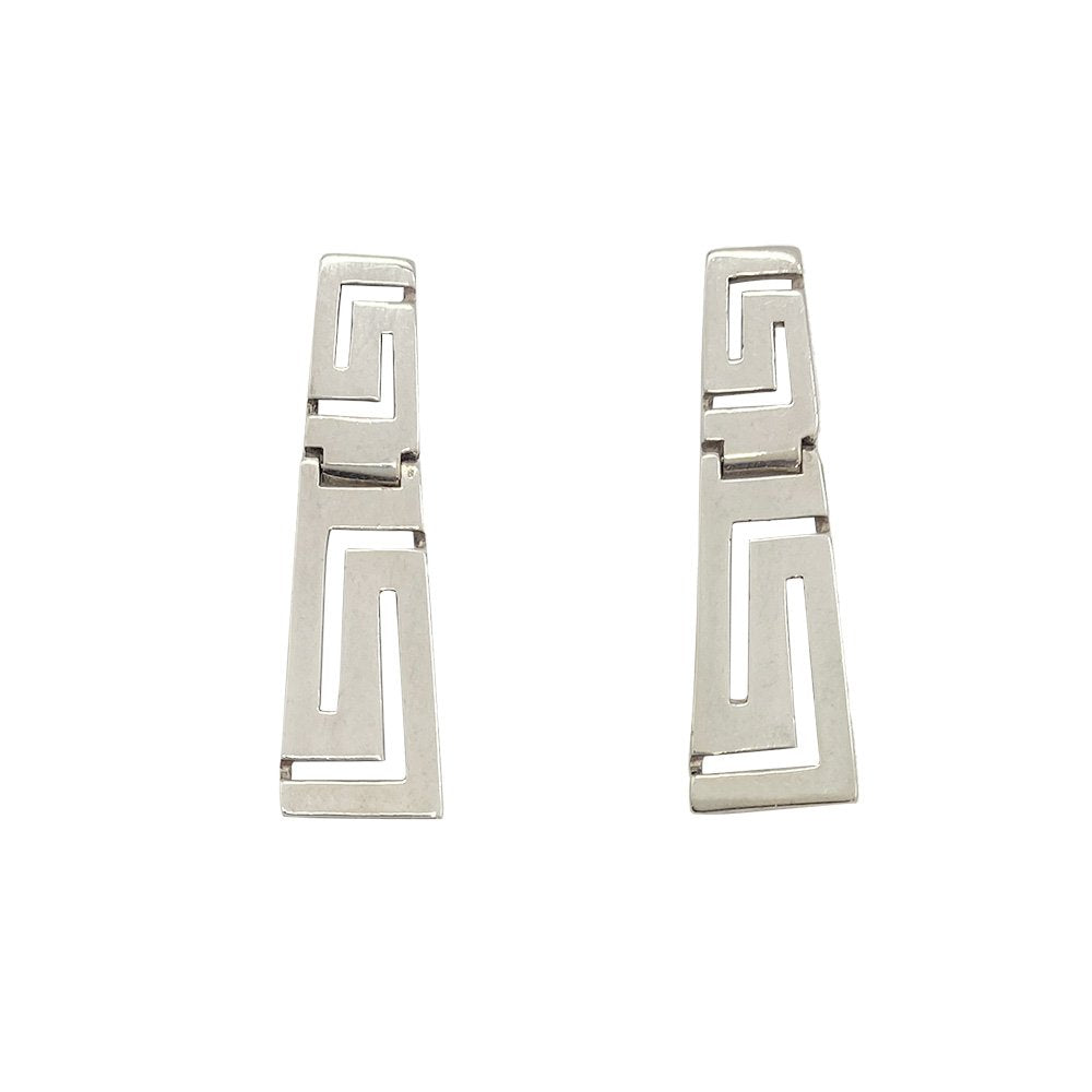 Silver earrings with a Greek key design. The background is white.