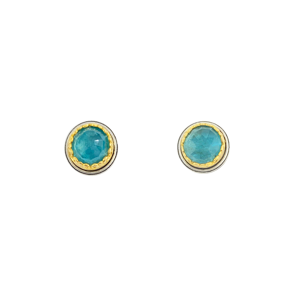 Pair of round stud earrings with a turquoise stone in the center and a gold-plated setting.