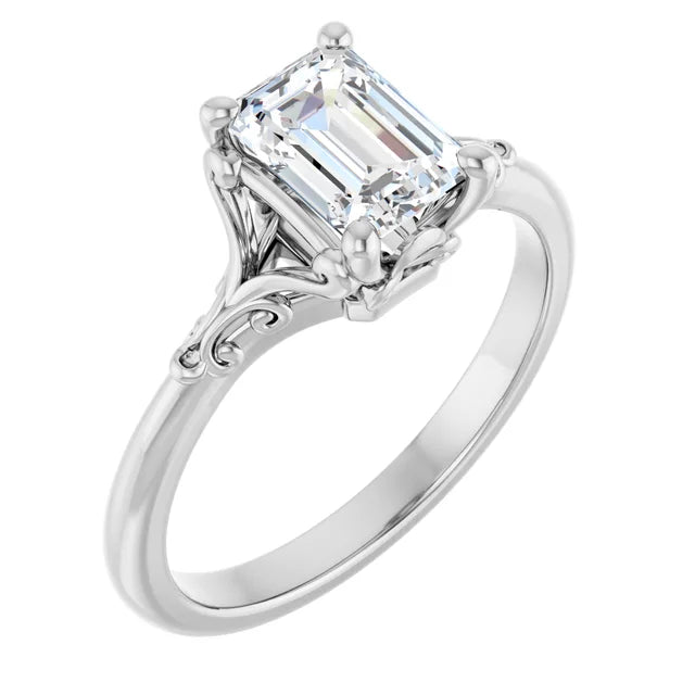 14K White Gold 1.07 CTW Emerald Solitaire Lab Grown Diamond Engagement Ring with Vintage Accent- Paul's Jewelers Milwaukee