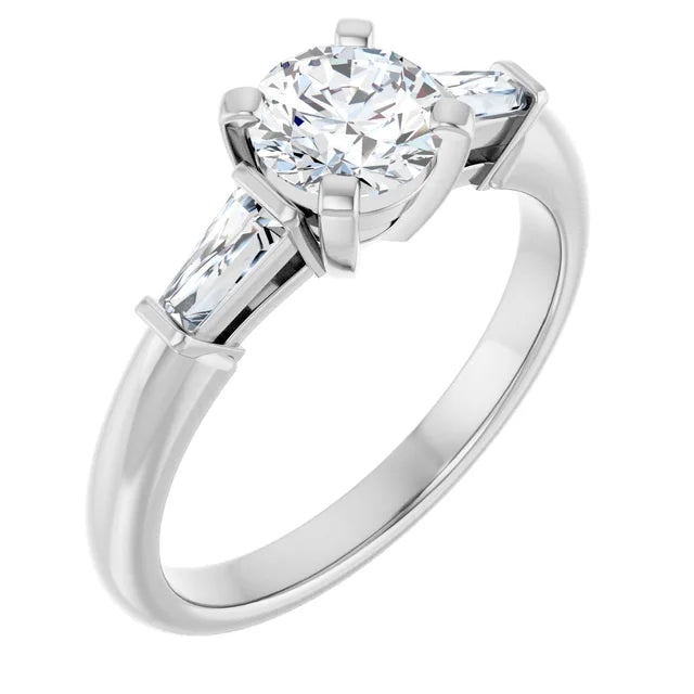 14K White Gold 0.96 CTW Round Tapered Baguette Three Stone Engagement Ring-