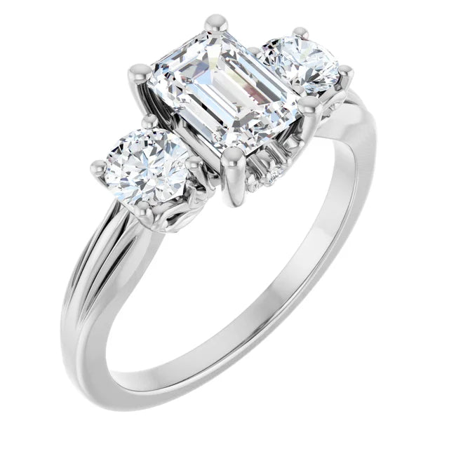14K White Gold 2.23 CTW Emerald-Cut Lab Grown Diamond Three Stone Engagement Ring with Pavé Band- Paul's Jewelers Milwaukee