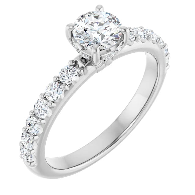 14K White Gold 0.96 CTW Round Diamond Pavé Band Engagement Ring-