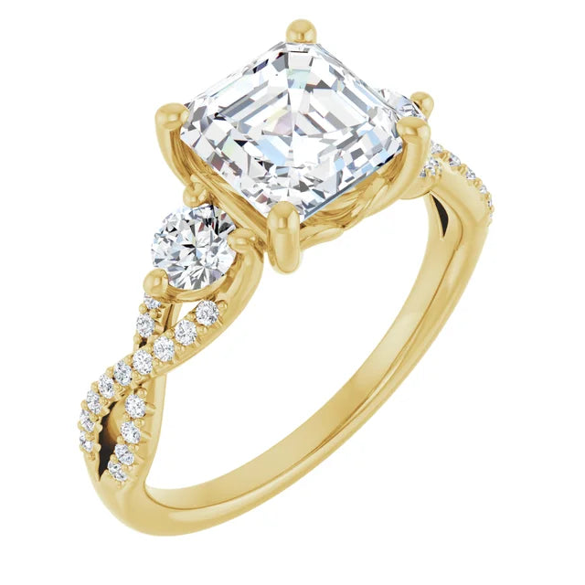 14K White Gold 1.94 CTW Asscher-Cut Lab Grown Diamond Three Stone Engagement Ring with Pavé Band