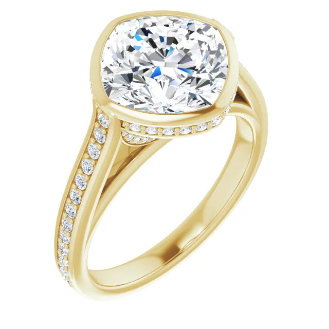 14K White Gold 3.09 CTW Cushion-Cut Lab Grown Diamond Bezel Engagement Ring with Pavé Band