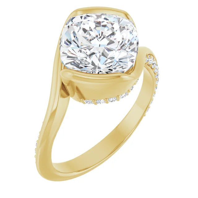 14K White Gold 3.30 CTW Cushion Half Bezel Bypass Lab Grown Diamond Engagement Ring with Pavé Band