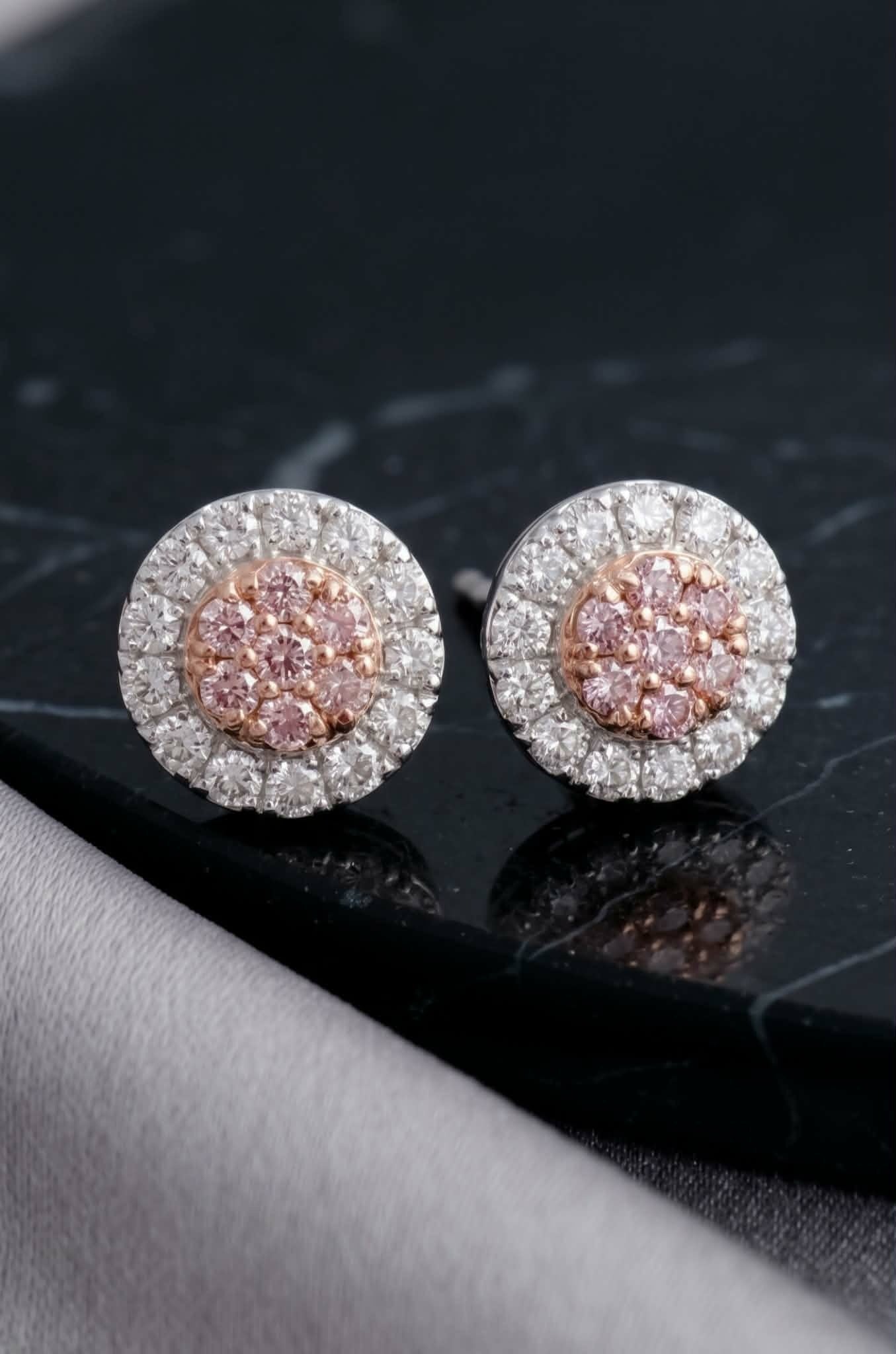 14K Two Tone Round Stud Earrings with 0.62 cttw Natural Pink and White Diamonds