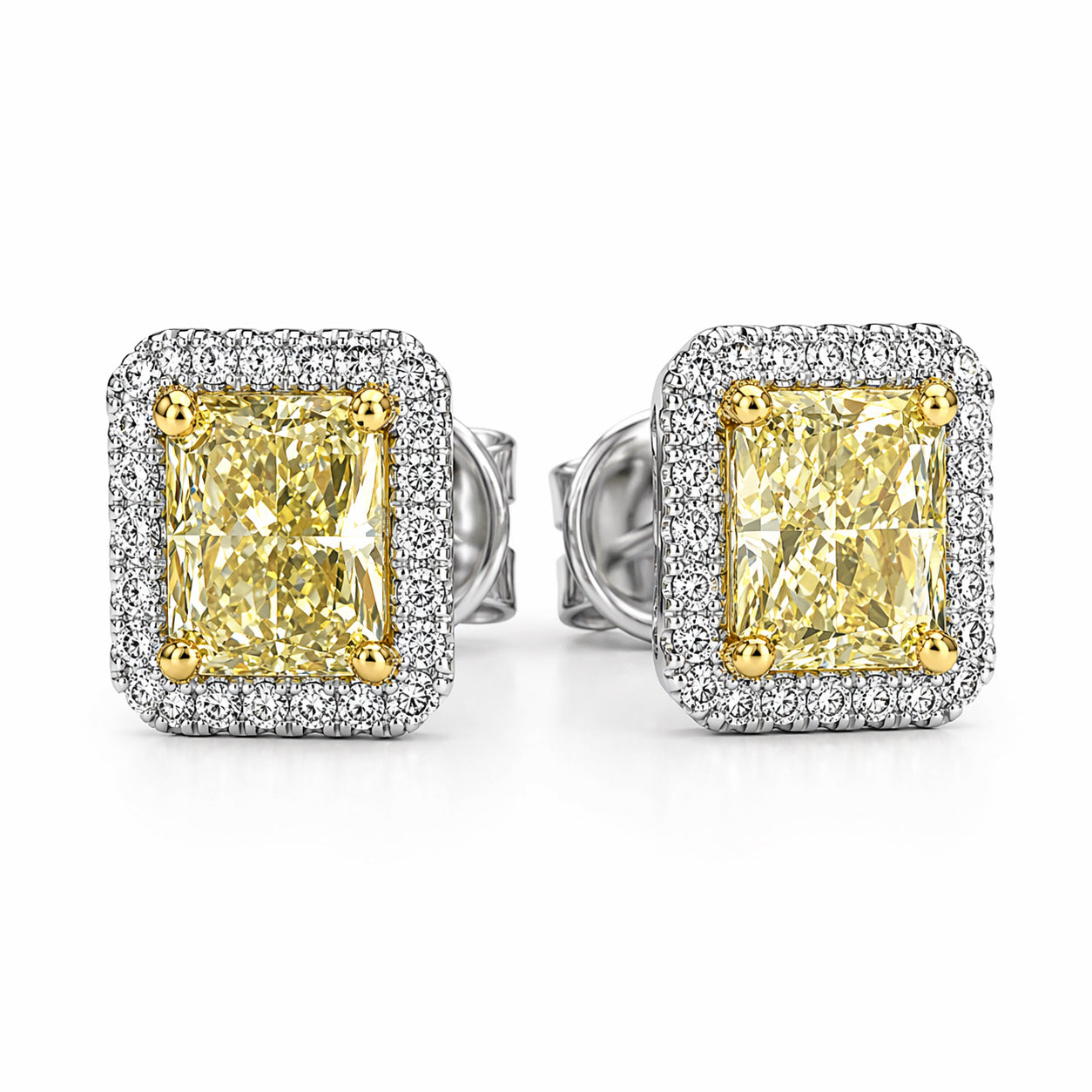 14K White Gold Stud Earrings with 1.70ctw of Natural Yellow Radiant & White Melee Diamonds