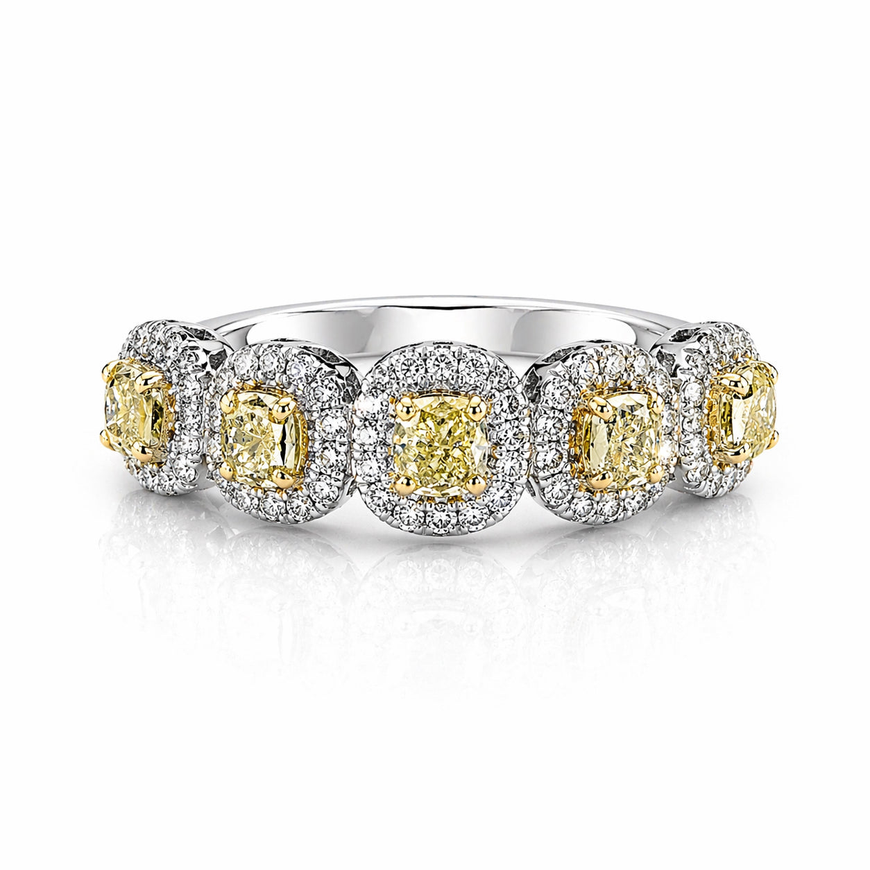 14K White Gold Ring with 0.99cttw of Natural Yellow Cushion and White Melee Diamonds
