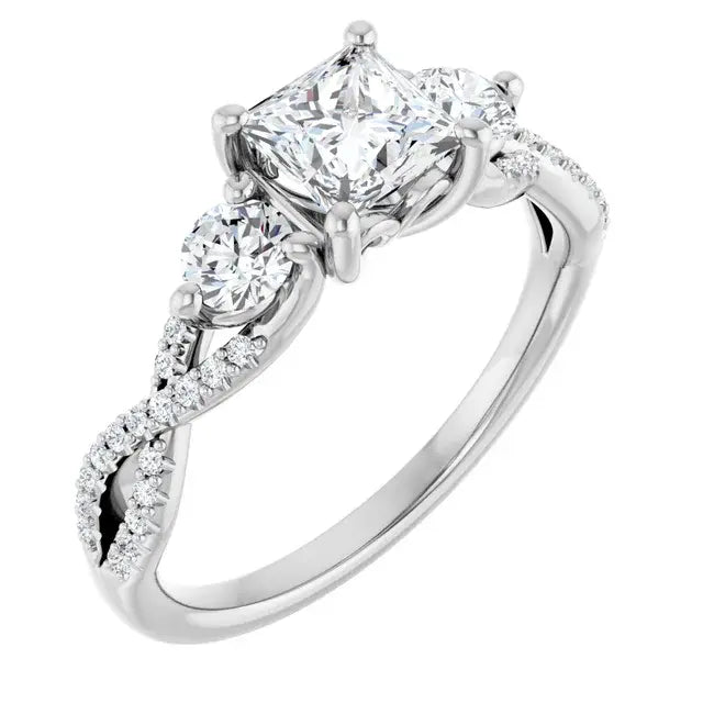 14K White Gold 0.70 CTW Princess Three-Stone Pavé Twisted Diamond Engagement Ring-