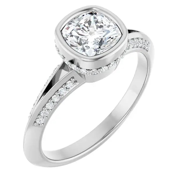 14K White Gold 0.94 CTW Cushion-Cut Bezel Diamond Engagement Ring with a Hidden Halo Setting-