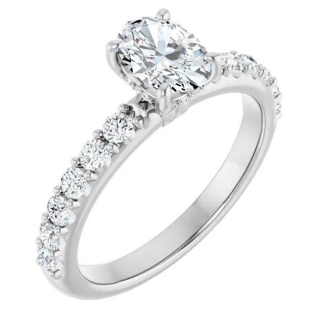 14K White Gold 1.09 CTW Oval-Cut Diamond Engagement Ring with Pavé Band-