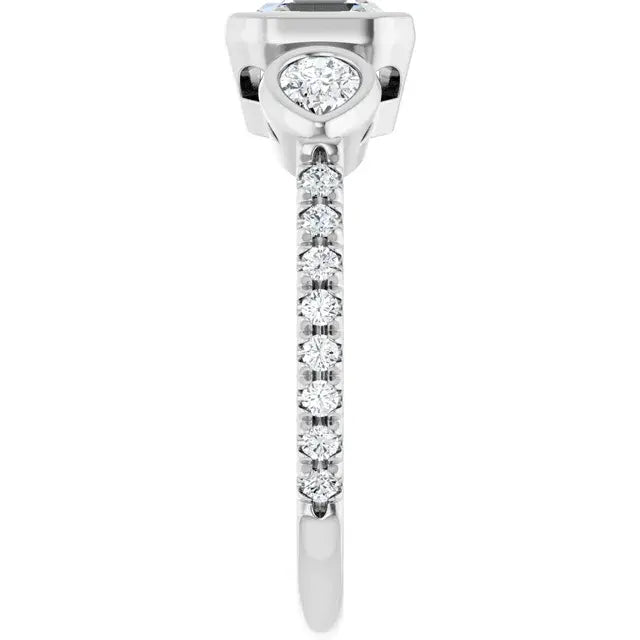 14K White Gold 1 1/2 CTW Asscher-Cut Diamond Three-Stone Engagement Ring with Bezel-Set Pear Accents and Pavé Band