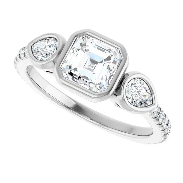 14K White Gold 1 1/2 CTW Asscher-Cut Diamond Three-Stone Engagement Ring with Bezel-Set Pear Accents and Pavé Band