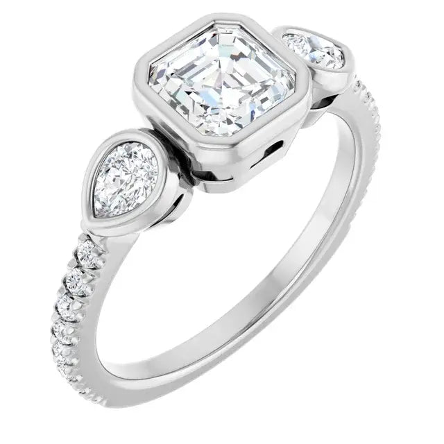 14K White Gold 1 1/2 CTW Asscher-Cut Diamond Three-Stone Engagement Ring with Bezel-Set Pear Accents and Pavé Band
