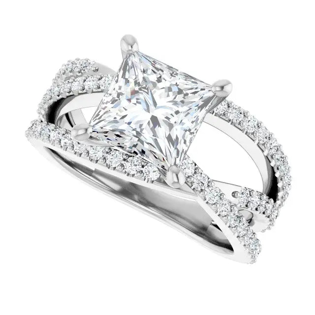 14K White Gold 1 1/2 CTW Princess Cut Diamond Engagement Ring with Crisscross Pavé Split Shank