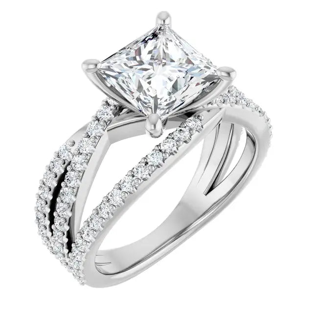 14K White Gold 1 1/2 CTW Princess Cut Diamond Engagement Ring with Crisscross Pavé Split Shank