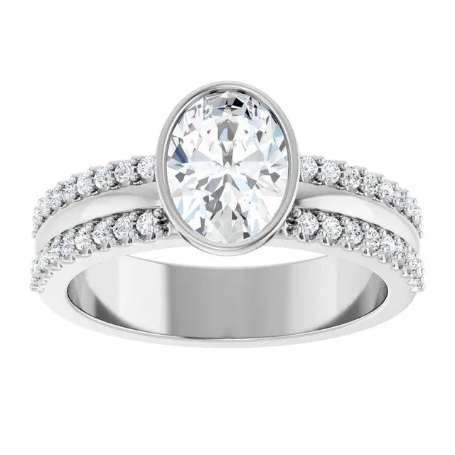 14K White Gold 1 1/4 CTW Oval-Cut Diamond Engagement Ring with Bezel Setting and Double Pavé Band
