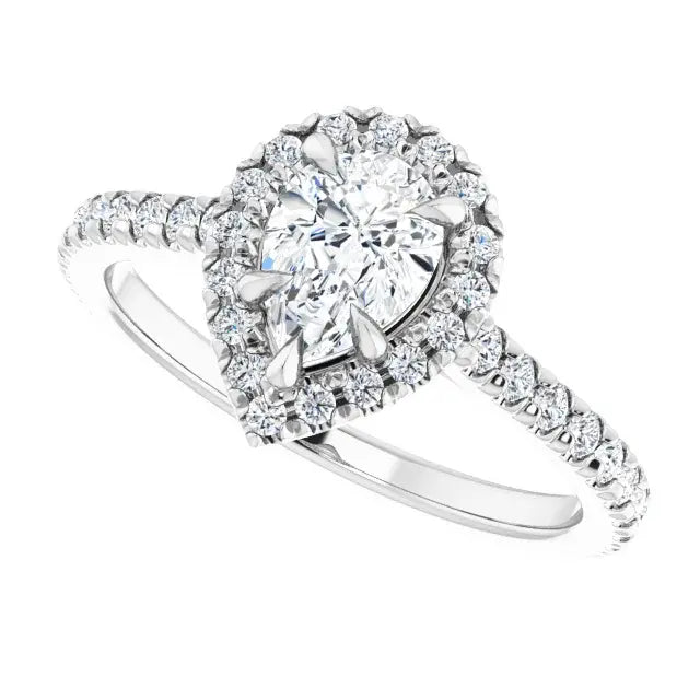 14K White Gold 1 1/5 CTW Pear-Shaped Diamond Halo Engagement Ring with Claw Prongs and Pavé Band
