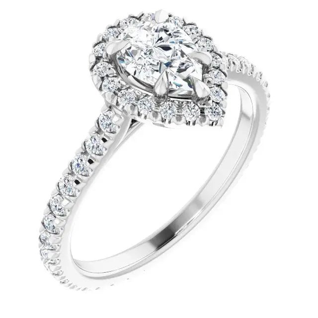 14K White Gold 1 1/5 CTW Pear-Shaped Diamond Halo Engagement Ring with Claw Prongs and Pavé Band