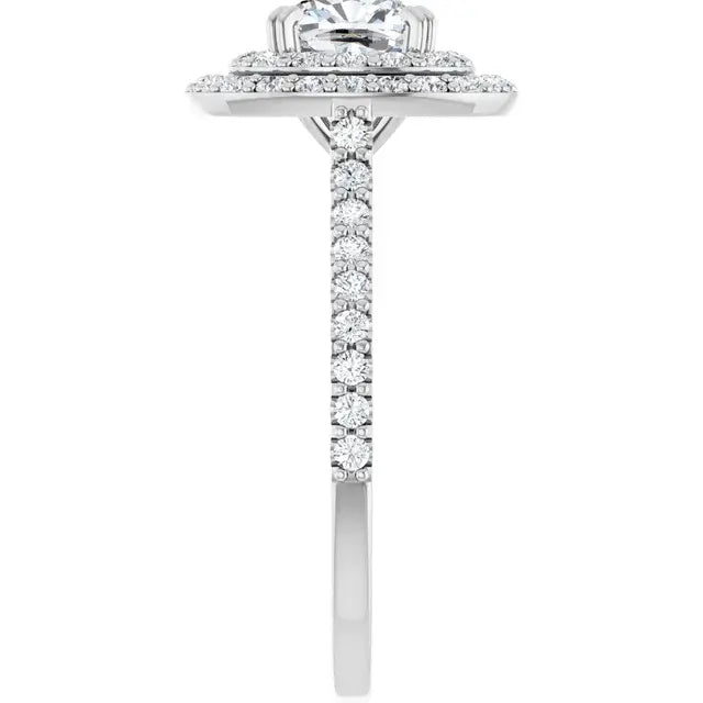 14K White Gold 1 1/8 CTW Cushion Cut Diamond Engagement Ring with Double Halo and Pavé Accents