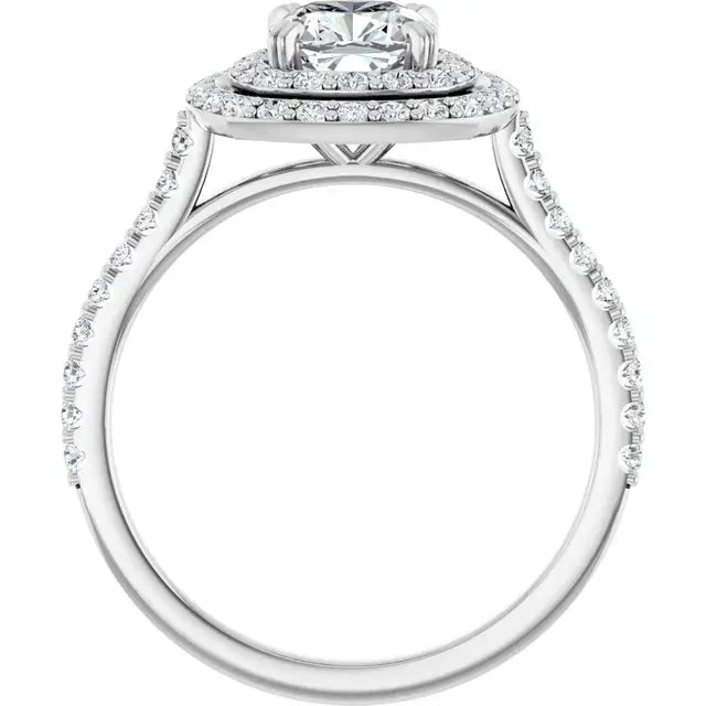 14K White Gold 1 1/8 CTW Cushion Cut Diamond Engagement Ring with Double Halo and Pavé Accents