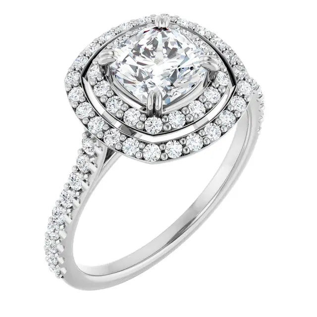 14K White Gold 1 1/8 CTW Cushion Cut Diamond Engagement Ring with Double Halo and Pavé Accents