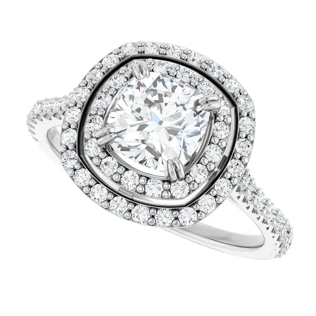 14K White Gold 1 1/8 CTW Cushion Cut Diamond Engagement Ring with Double Halo and Pavé Accents