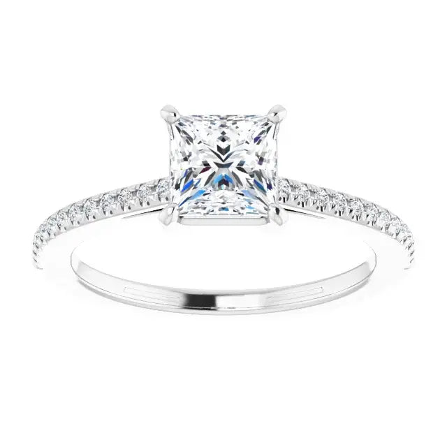 Diamond ring with a princess-cut center stone on a white background