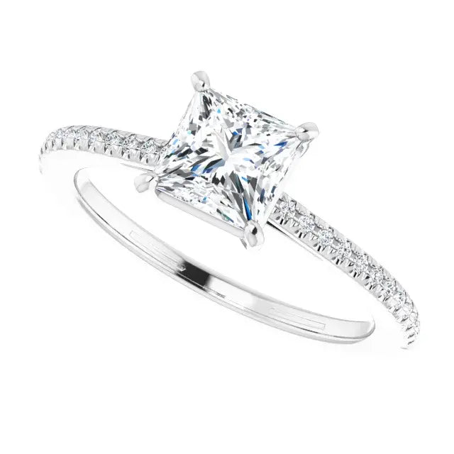 14K White Gold 1 1/8 CTW Princess Cut Diamond Solitaire Engagement Ring with Pavé Band