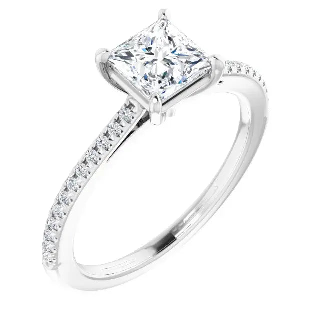 14K White Gold 1 1/8 CTW Princess Cut Diamond Solitaire Engagement Ring with Pavé Band