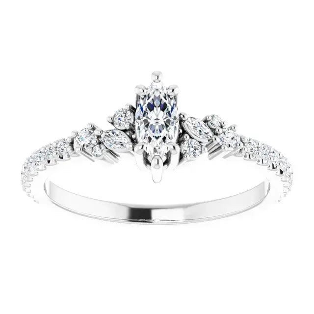 14K White Gold 1/2 CTW Marquise Cut Diamond Engagement Ring with Leaf and Round Accent Diamonds