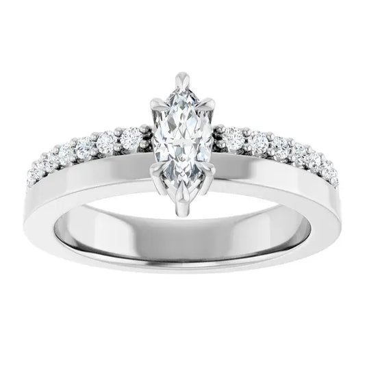 14K White Gold 1/2 CTW Marquise Cut Diamond Engagement Ring with Six-Prong Setting and Pavé Band