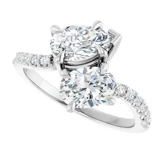 14K White Gold 1 3/4 CTW Pear-Shaped and Round Diamond Two-Stone Bypass Engagement Ring with Pavé Band