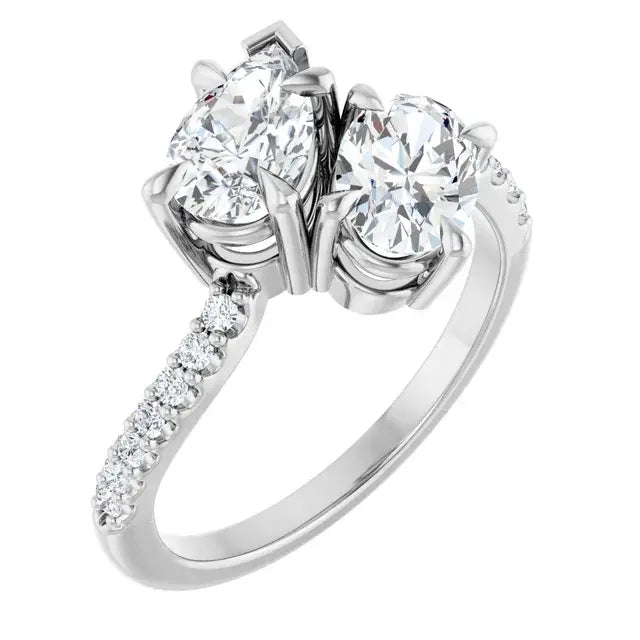 14K White Gold 1 3/4 CTW Pear-Shaped and Round Diamond Two-Stone Bypass Engagement Ring with Pavé Band