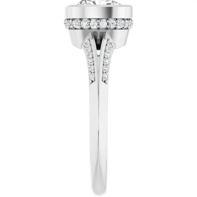 14K White Gold 1 3/8 CTW Cushion Cut Diamond Engagement Ring with Bezel Setting and Split Shank Pavé Accents