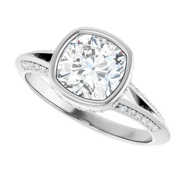 14K White Gold 1 3/8 CTW Cushion Cut Diamond Engagement Ring with Bezel Setting and Split Shank Pavé Accents