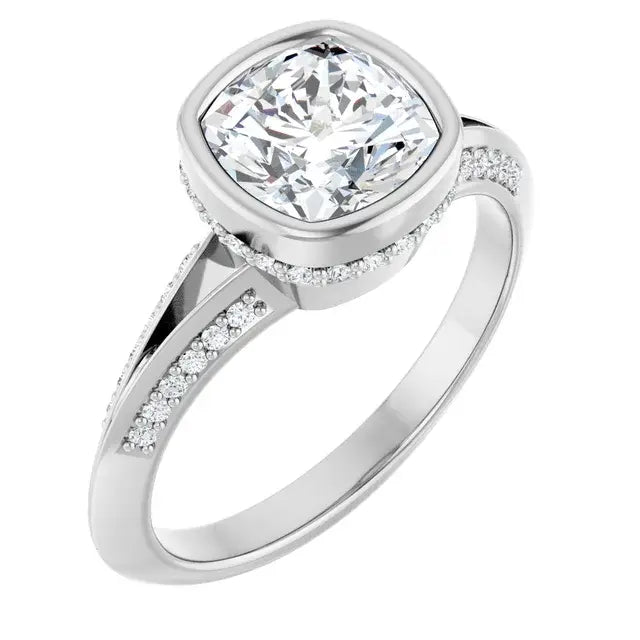 14K White Gold 1 3/8 CTW Cushion Cut Diamond Engagement Ring with Bezel Setting and Split Shank Pavé Accents