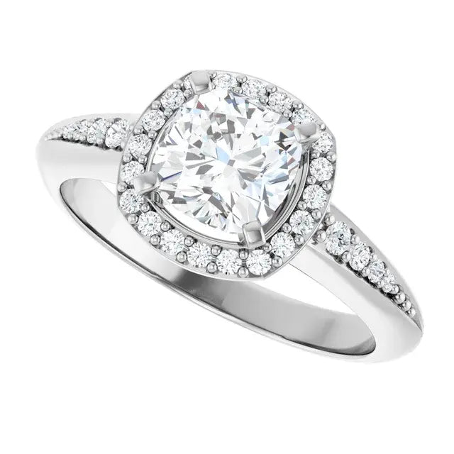 14K White Gold 1 3/8 CTW Cushion Cut Diamond Engagement Ring with Halo and Diamond Accents