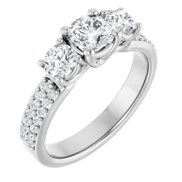 14K White Gold 1 3/8 CTW Cushion-Cut Diamond Three-Stone Engagement Ring with Pave Band