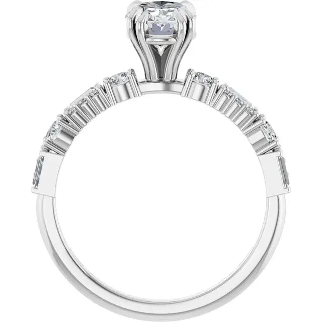 14K White Gold 1 3/8 CTW Oval-Cut Diamond Engagement Ring with Baguette and Round Accent Diamonds