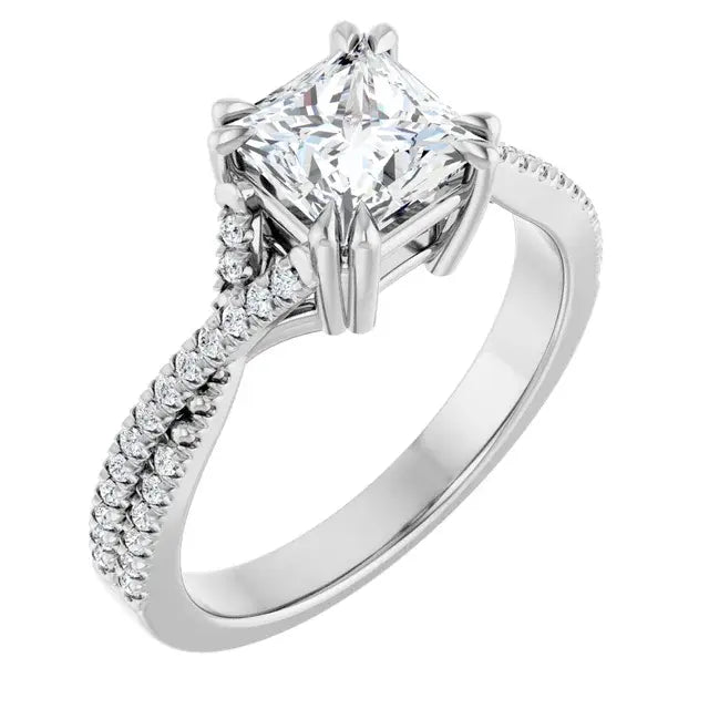 14K White Gold 1 3/8 CTW Princess-Cut Diamond Engagement Ring with Split Shank and Pave Accents