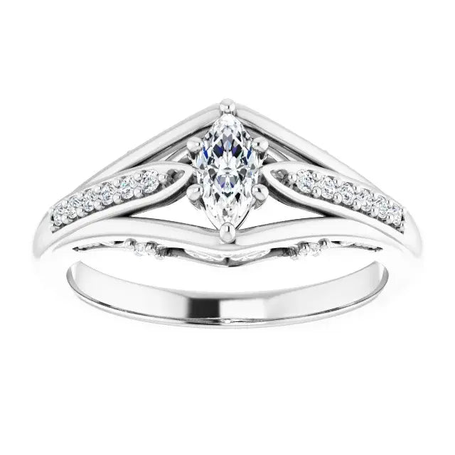 14K White Gold 1/3 CTW Marquise Cut Diamond Engagement Ring with Split Double Shank and Pavé Accents