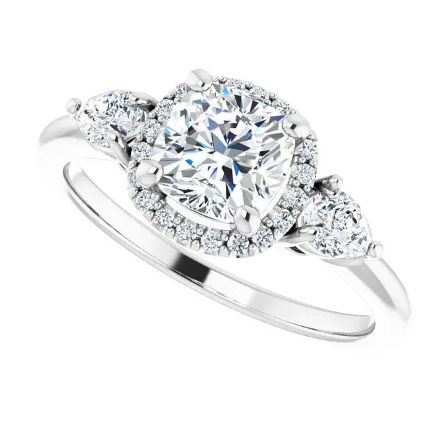 14K White Gold 1 5/8 CTW Cushion Cut Diamond Three-Stone Engagement Ring with Halo and Pear Accents