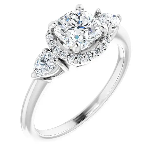 14K White Gold 1 5/8 CTW Cushion Cut Diamond Three-Stone Engagement Ring with Halo and Pear Accents