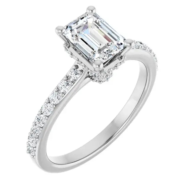 14K White Gold 1 5/8 CTW Emerald-Cut Diamond Engagement Ring with Pave Band