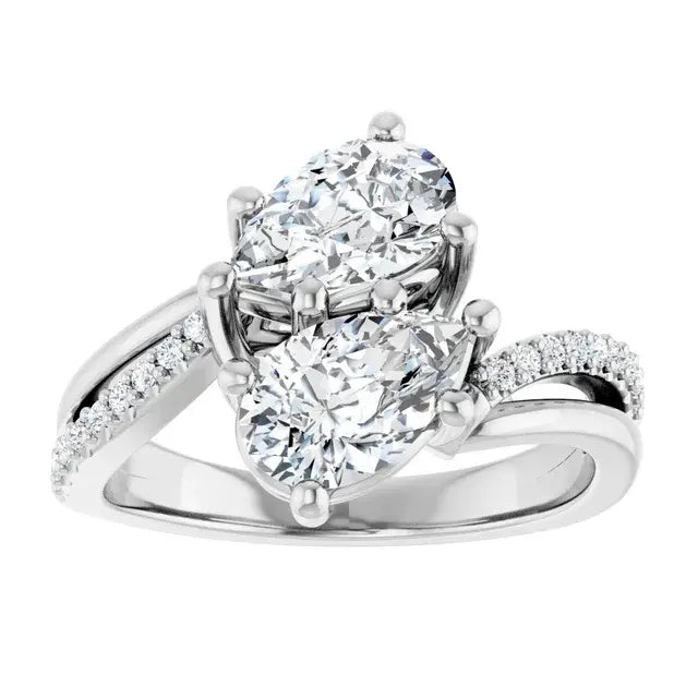 14K White Gold 1 9/10 CTW Pear-Shaped Two-Stone Diamond Bypass Engagement Ring with Pavé Accents