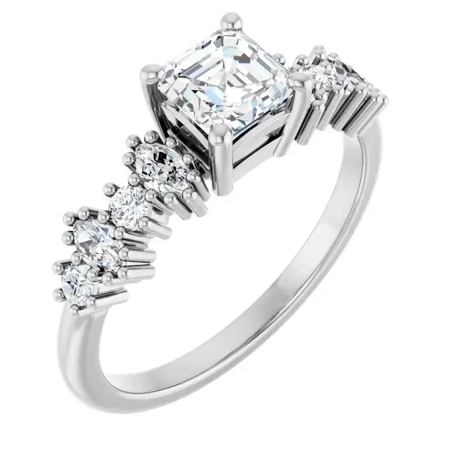 14K White Gold 1 CTW Asscher-Cut Diamond Engagement Ring with Graduated Round Accents