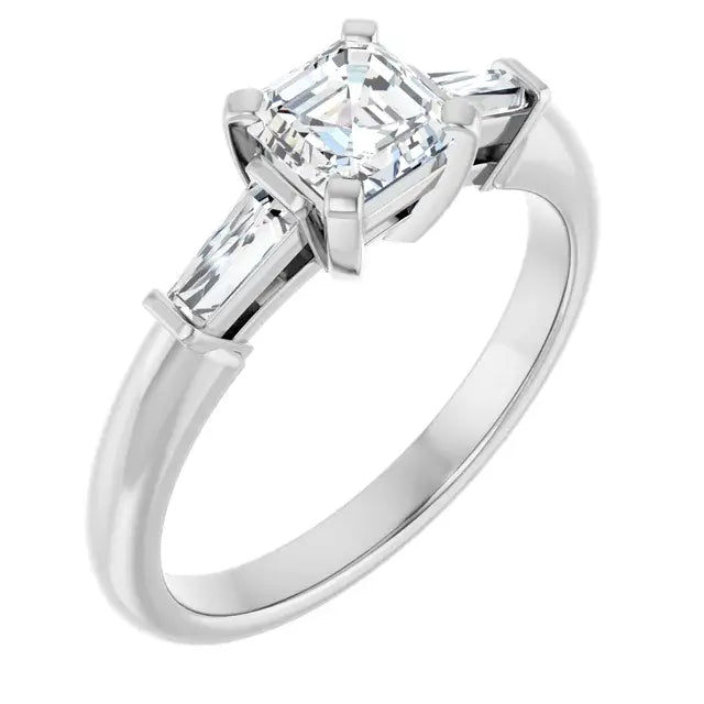 14K White Gold 1 CTW Asscher-Cut Diamond Three-Stone Engagement Ring with Tapered Baguette Accents