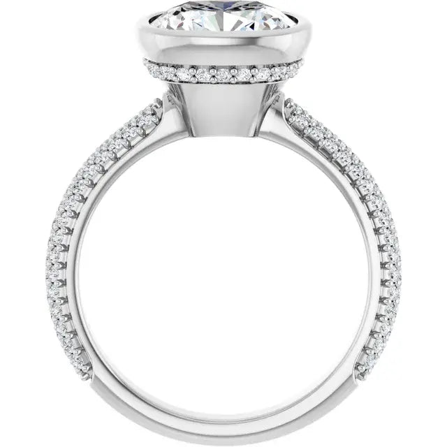 14K White Gold 1 CTW Cushion Cut Diamond Engagement Ring with Bezel Setting and Pavé Accents